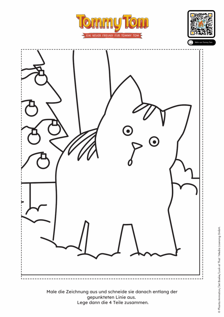 Puzzle bestehend aus insgesamt vier Ausmalbildern, die zusammengelegt werden können. Zu sehen ist das Motiv von Katze Tommy Tom, der im Schnee steht vor einem Weihnachtsbaum. Dieses Ausmalbild kann kostenlos heruntergeladen und gestaltet werden. Oben rechts ist der QR-Code abgebildet, der zum Hörspiel zum Kinofilm führt.