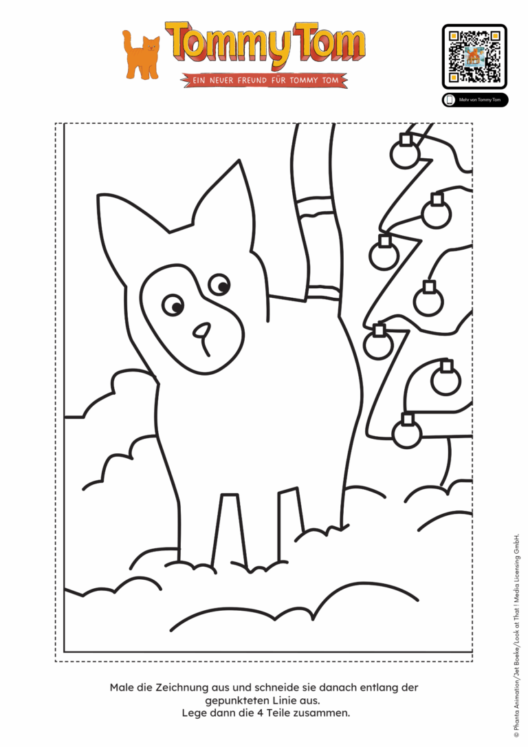 Puzzle bestehend aus insgesamt vier Ausmalbildern, die zusammengelegt werden können. Zu sehen ist das Motiv von Katze Mauzi Maus, die im Schnee steht vor einem Weihnachtsbaum. Dieses Ausmalbild kann kostenlos heruntergeladen und gestaltet werden. Oben rechts ist der QR-Code abgebildet, der zum Hörspiel zum Kinofilm führt.