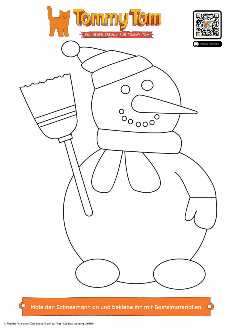 Ausmalbild Schneemann. Zu sehen ist das Motiv eines Schneemanns der auf der linken Seite einen Besen hält und Mütze und Schal trägt. Dieser kann nach belieben ausgemalt und dekoriert werden. Rechts oben ist der QR-Code abgebildet, der zum Hörspiel führt. Die Malvorlage kann kostenlos heruntergeladen werden.