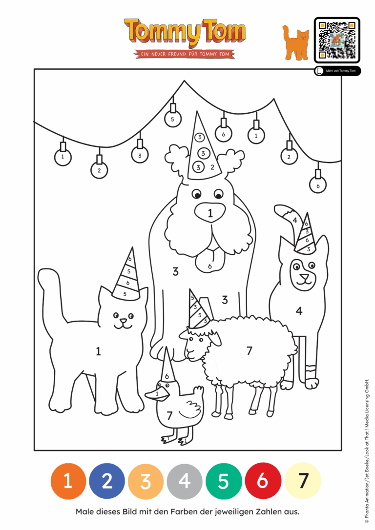 Ausmalbild von Tommy Tom und seinen Freunden mit Party-Hütchen. Diese Malvorlage kann kostenlos heruntergeladen werden und mit den untenstehenden Farben ausgemalt werden. Es handelt sich um ein nummernbegleitetes Ausmalbild, bei dem die Farben einer spezifischen Nummer zugeordnet sind, in welcher das Malbild ausgemalt werden soll. In der oberen rechten Ecke ist der QR-Code zum Hörspiel.