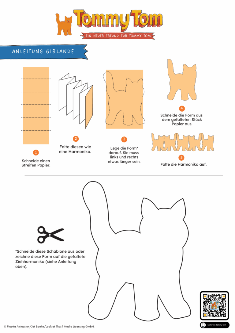 Bastelanleitung einer Tommy Tom-Girlande. Zu sehen ist eine Anleitung und ein Schnitt-Motiv, wie man eine Girlande in Form einer Katze bastelt.