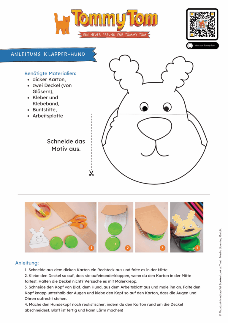 Bastelanleitung Klapper-Hund. Zu sehe ist eine Schablone des Hundes aus Tommy Tom und eine Anleitung, wie man aus Glas-Deckeln einen Krachmacher-Hund macht. In der oberen rechten Ecke ist der QR-Code zum Hörspiel. Die Anleitung kann kostenlos heruntergeladen werden.