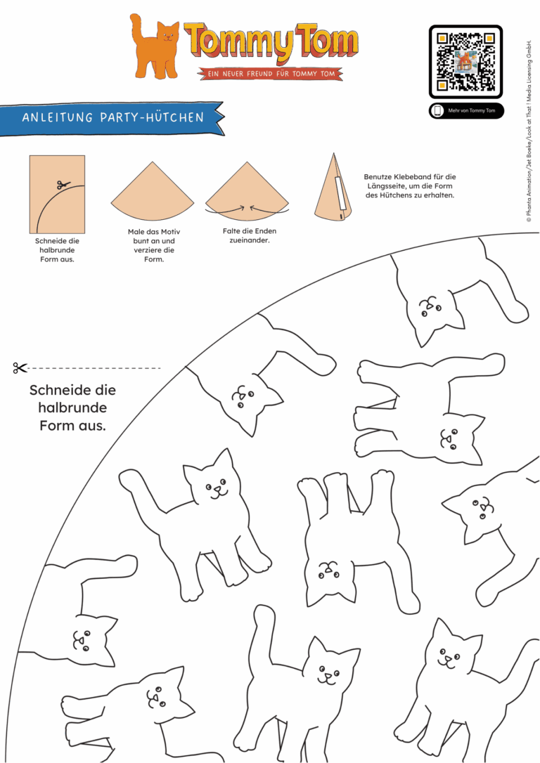 Bastelanleitung Partyhütchen Tommy Tom. Zu sehen ist eine Anleitung und die Vorlage des Hütchens mit dem Motiv von Tommy Tom, das noch bunt angemalt werden kann. Die Seite kann kostenlos heruntergeladen werden. Kostenlose Bastelidee für Geburtstagspartys.