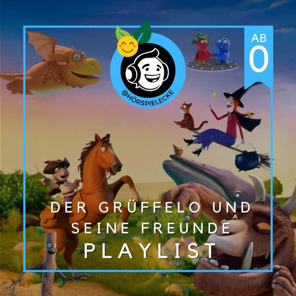 Playlist Cover vom Grüffelo und seinen freunden mit allen Hörspielen. Auf dem Cover sind Hauptcharaketere der Geschichten zu sehen: Zogg der Drache, Räuber Ratte, die Hexe, Die Schnetts & die Schmoos und der Grüffeo