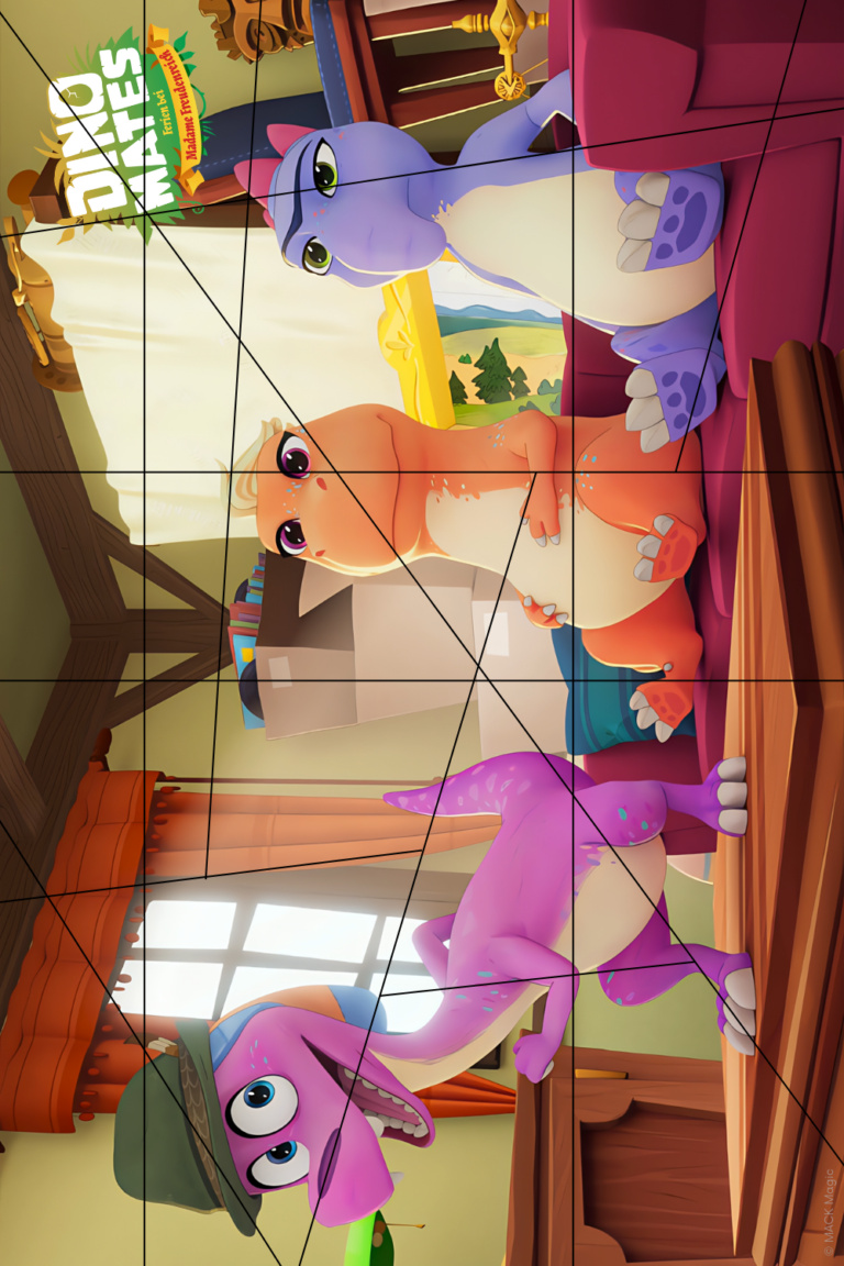 Puzzle zum Ausschneiden Bild 4 zeigt die Charaktere Socke, Trina und Doris aus der TV-Serie Dino Mates.