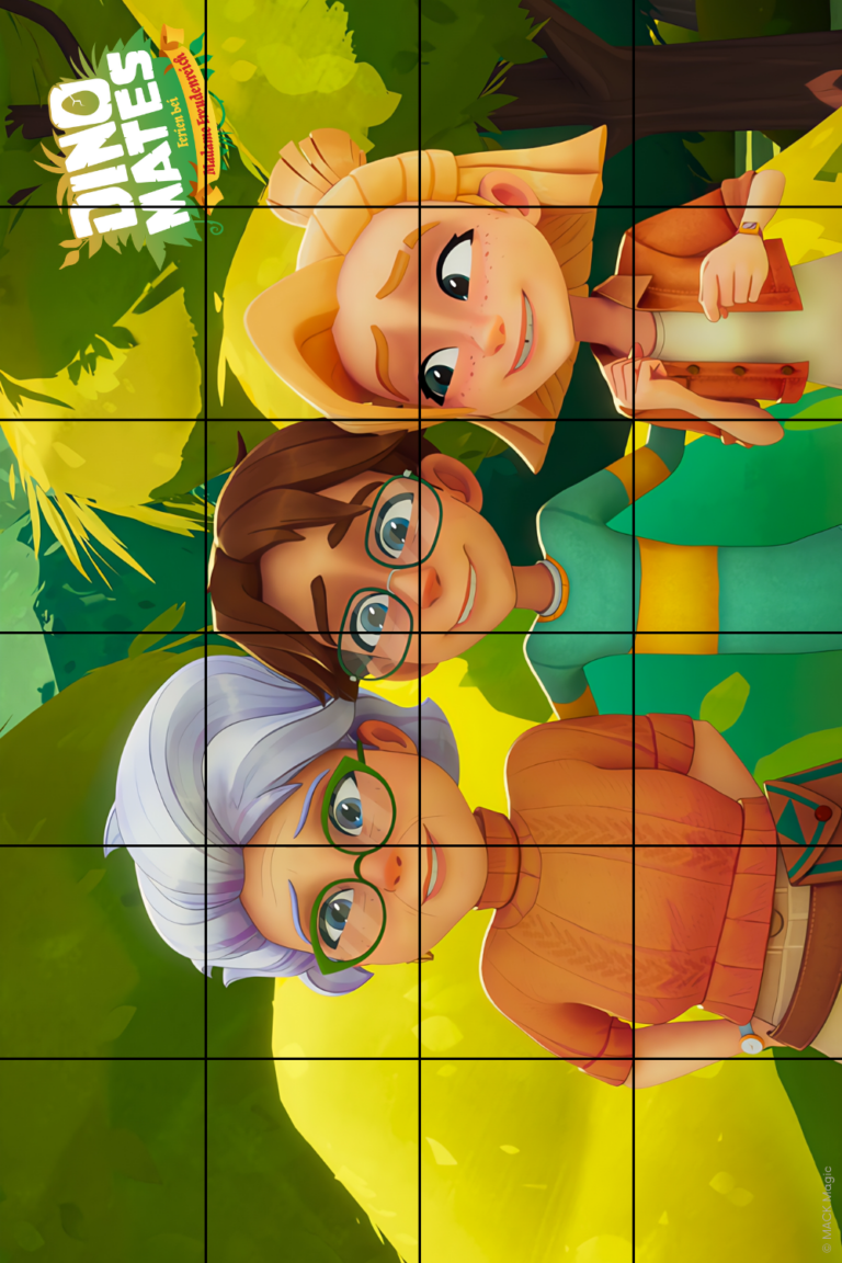 Puzzle zum Ausschneiden Bild 1 zeigt die Charaktere Clara, Leo und Sophie aus der TV-Serie Dino Mates.