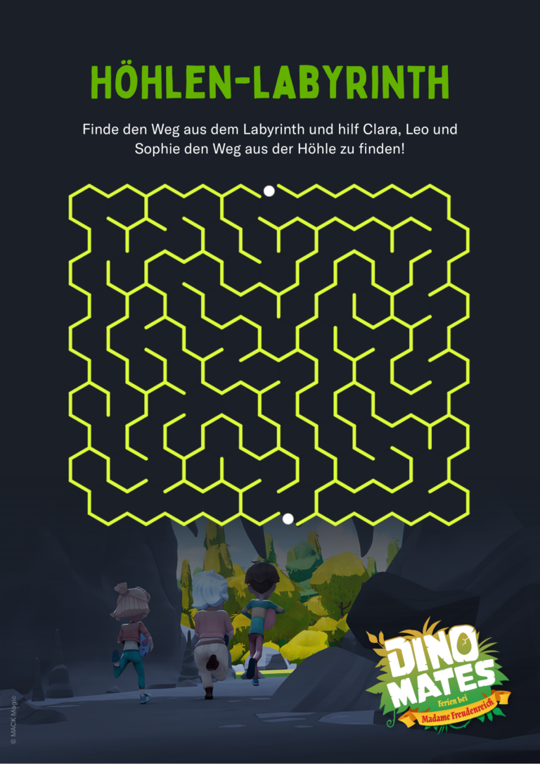 Labyrinth-Rätsel zur TV-Serie Dino Mates.
