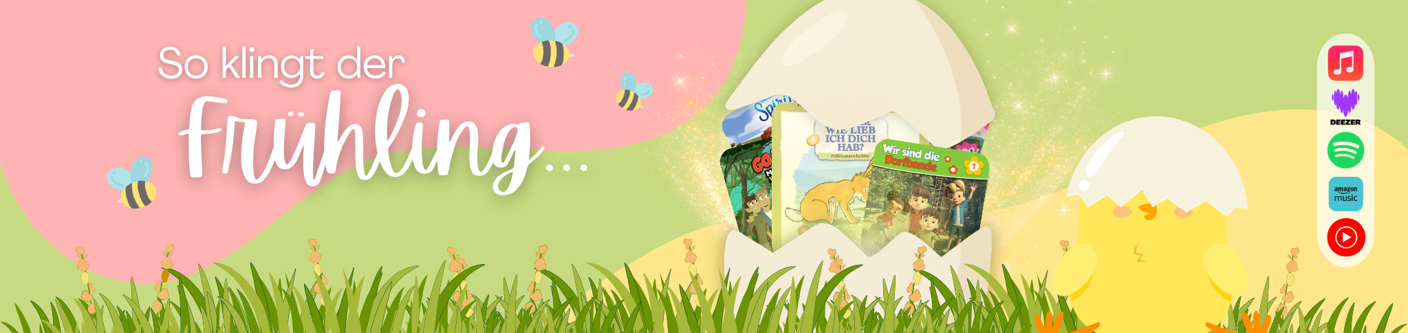 Website Banner zur Frühlingsseite von Edel Kids mit der Aufschrift "So klingt der Frühling..."