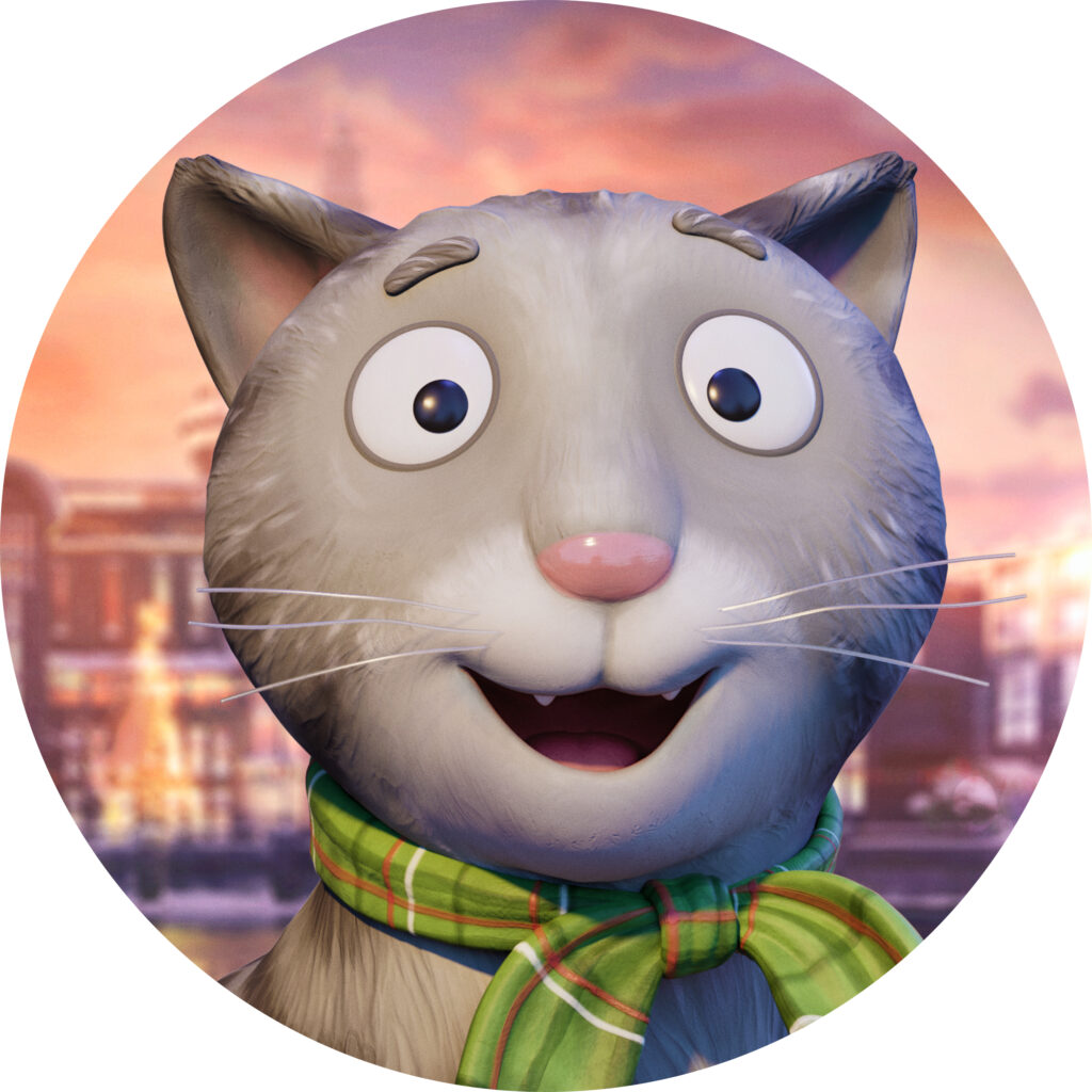 Tommi Tatze aus dem Film Tommi Tatze als grauer Cartoon-Kater mit großen runden Augen, rosa Nase und grün kariertem Schal. Der Charakter lächelt in die Kamera, vor einem unscharfen Hintergrund mit Gebäuden und warmem Abendhimmel.