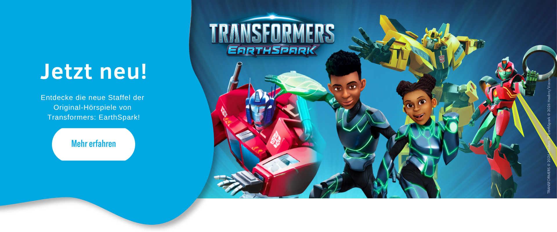 Banner zu Transformers: EarthSpark mit drei Transformers und den Malto-Kindern vor dunkelblauem Hintergrund.