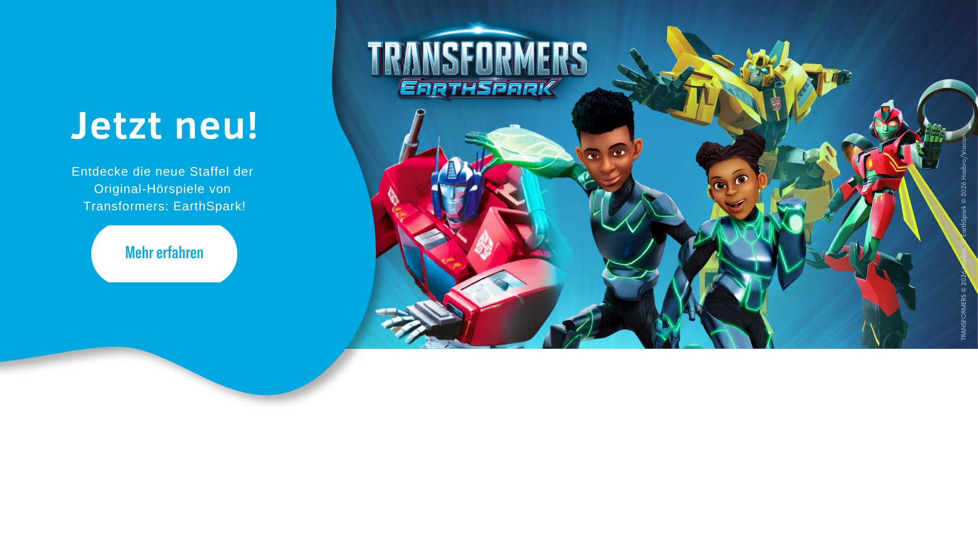 Banner zu Transformers: EarthSpark mit drei Transformers und den Malto-Kindern vor dunkelblauem Hintergrund.