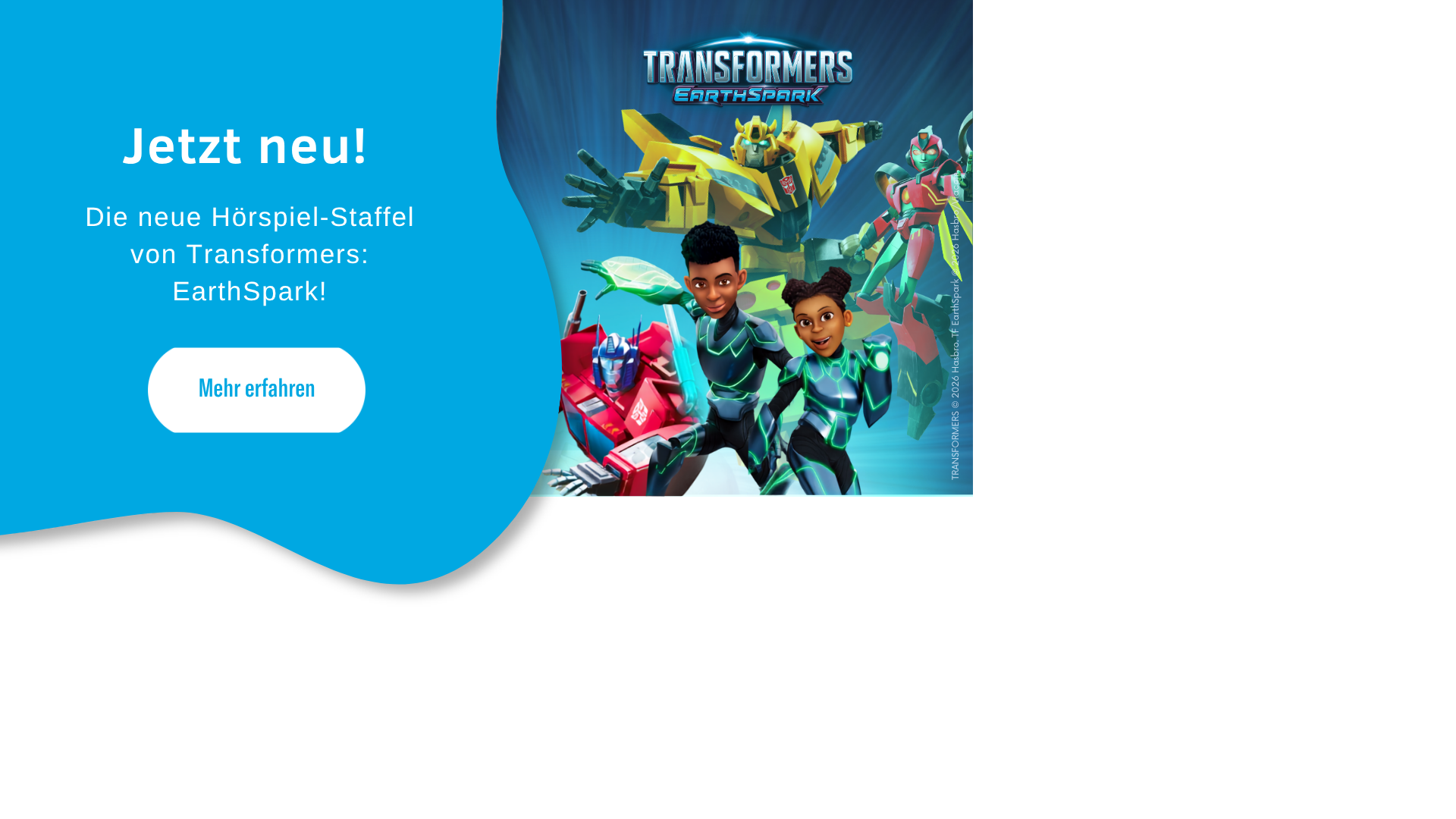 Website Banner zur Themenwelt von Transformers:Earthspark mit drei Transformers und den Malto-Kindern im Vordergrund vor blauem Hintergrund
