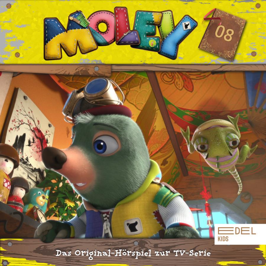 Cover des Hörspiels „Maulwurf Moley Folge 8" mit der Hauptfigur Moley und im Vordergrund und dem Chamäleon Lizzy, das sich droben an der Decke im Hintergrund versteckt.