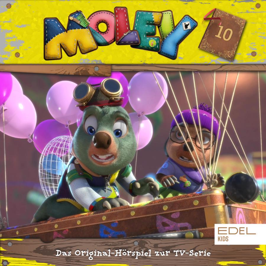 Cover des Hörspiels „Maulwurf Moley Folge 10“ mit der Hauptfigur Moley und seiner Freundin Dotty auf einem fliegenden Schrank, der von Rosa Luftballons getragen wird.