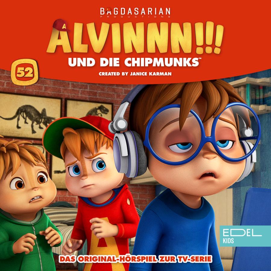 Cover des Hörspiels „ALVINNN!!! und die Chipmunks Folge 52“ mit der Hauptfigur Simon, die übermüdet mit Kopfhörern vor einem Laptop sitzt, während Alvin und Theodore besorgt zuschauen.