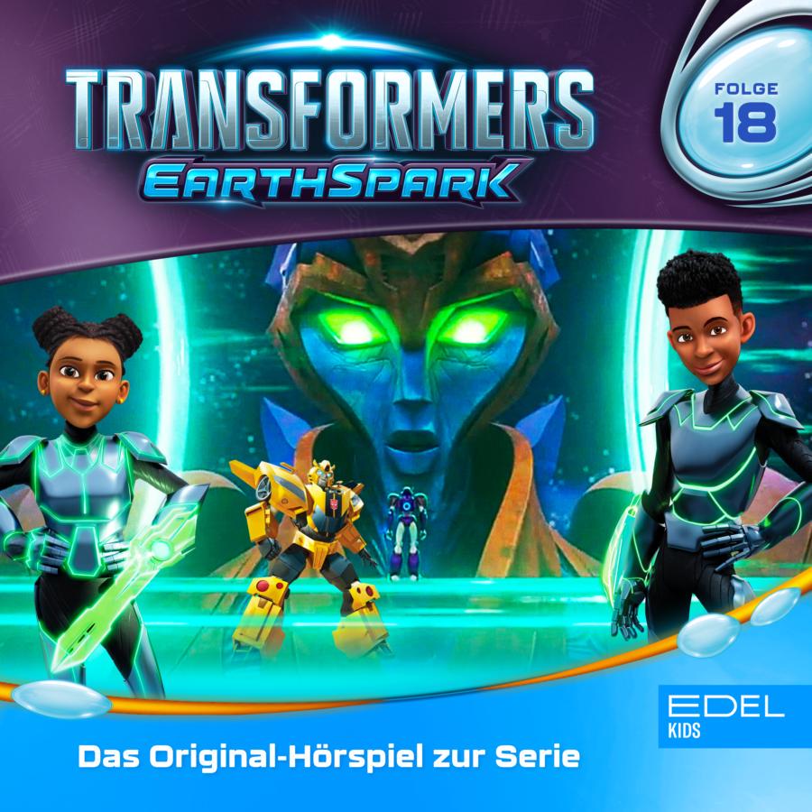 Cover des Hörspiels „Transformers: EarthSpark Folge 18“ mit den Geschwistern Mo und Robby Malto sowie dem Transformer Bumblebee vor dem riesigen, leuchtenden Kopf eines Roboterwesens.