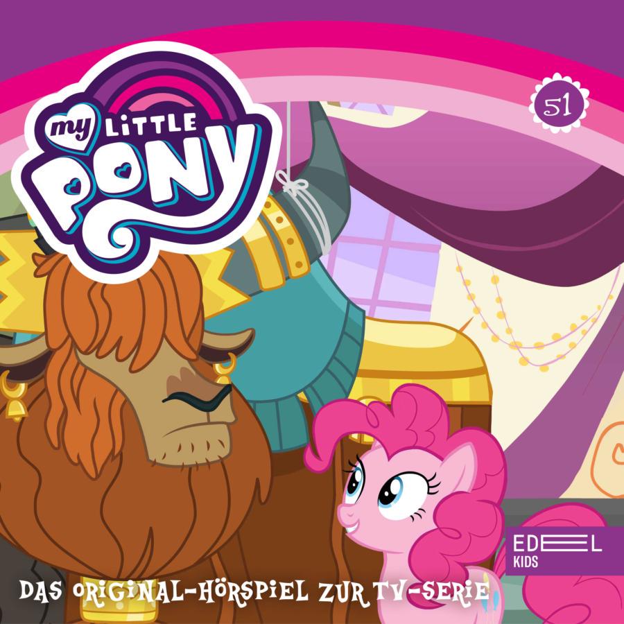 Cover des Hörspiels „My Little Pony Folge 51: Partystress / Alte Freundschaften“ mit Pinkie Pie, die lächelnd zu einem großen, zotteligen Yak mit Hörnern und Kleidung aufblickt.