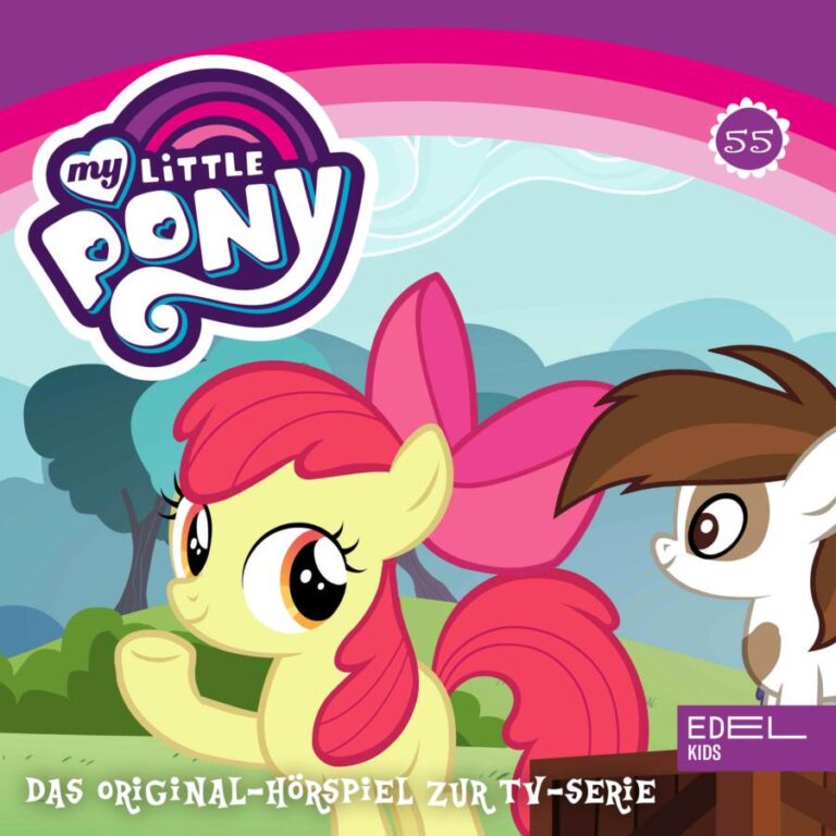 Cover des Hörspiels „My Little Pony Folge 55: Der Schönheitsfleck / Pinkies Geheimnis“ mit Apple Bloom, die lächelnd nach vorne winkt, während das kleine gefleckte Pony Pipsqueak neben ihr zu sehen ist.