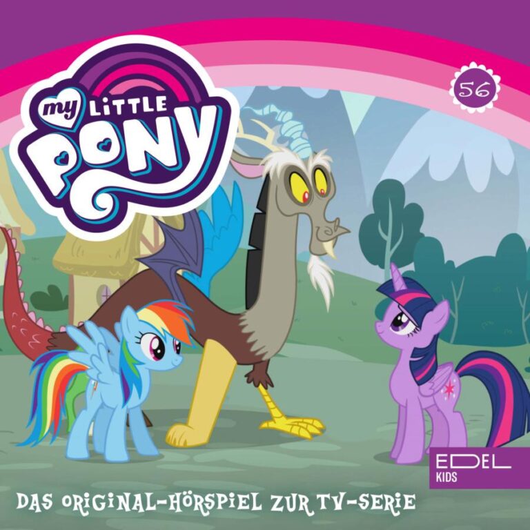 Cover des Hörspiels „My Little Pony Folge 56: Das Familienfest / Spaß mit Discord“ mit Discord und Rainbow Dash, die vergnügt beisammenstehen, während Twilight Sparkle sie skeptisch und verwundert beobachtet.