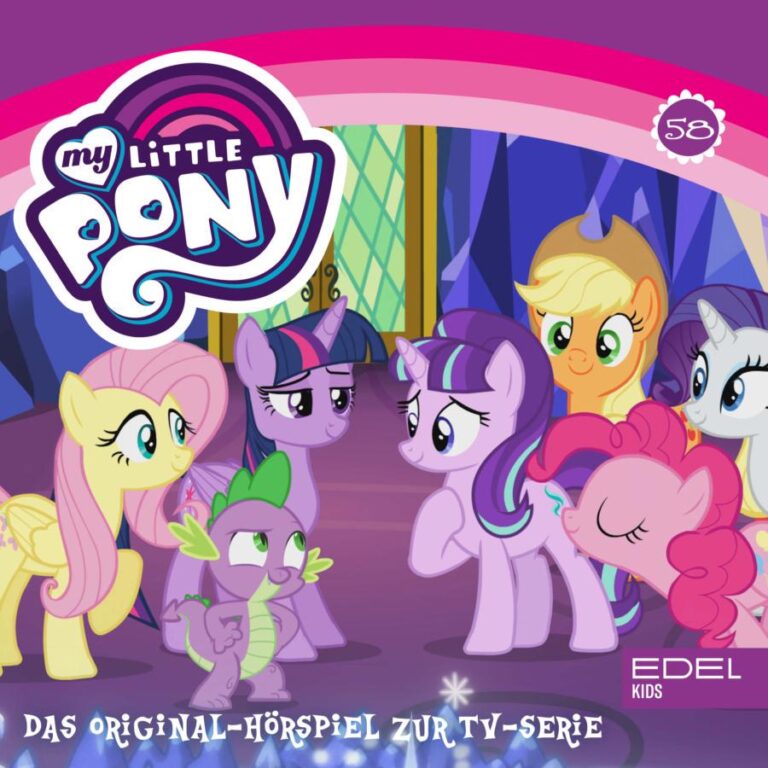 Cover des Hörspiels „My Little Pony Folge 58: Das Schönheitsflecken-Duell - Teil 1+2“ mit Starlight Glimmer im Zentrum, umringt von Twilight Sparkle, Fluttershy, Spike, Applejack, Pinkie Pie und Rarity, die ihr zugewandt lächeln.