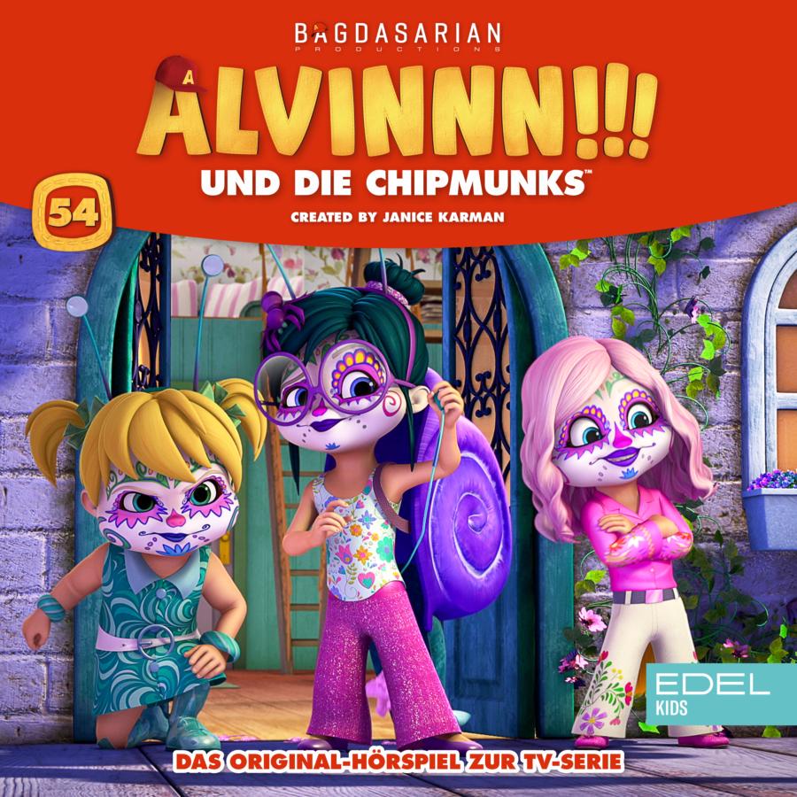 Cover des Hörspiels „ALVINNN!!! und die Chipmunks Folge 54“ mit Eleanor, Jeanette und Brittany, die mit farbenfrohen Gesichtsbemalung vor einer Tür posieren.