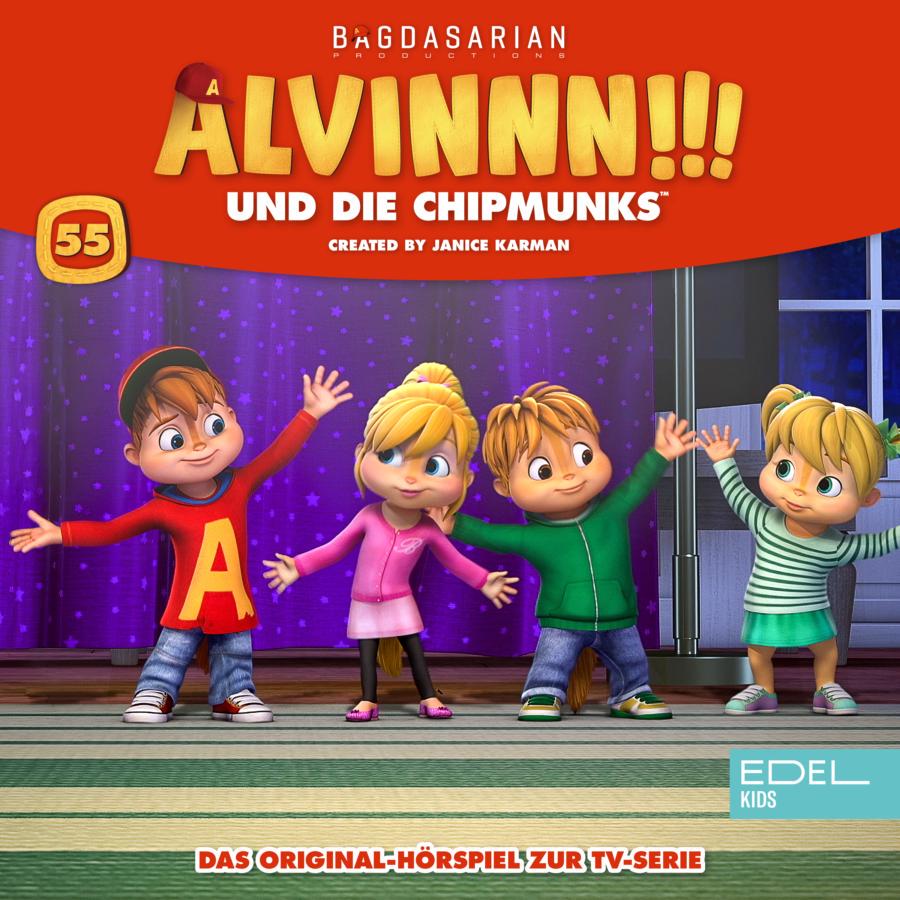 Cover des Hörspiels „ALVINNN!!! und die Chipmunks Folge 55" mit Alvin, Brittany, Theodore und Eleanor, die nebeneinanderstehend mit ausgestreckten Armen auf einer Bühne posieren.