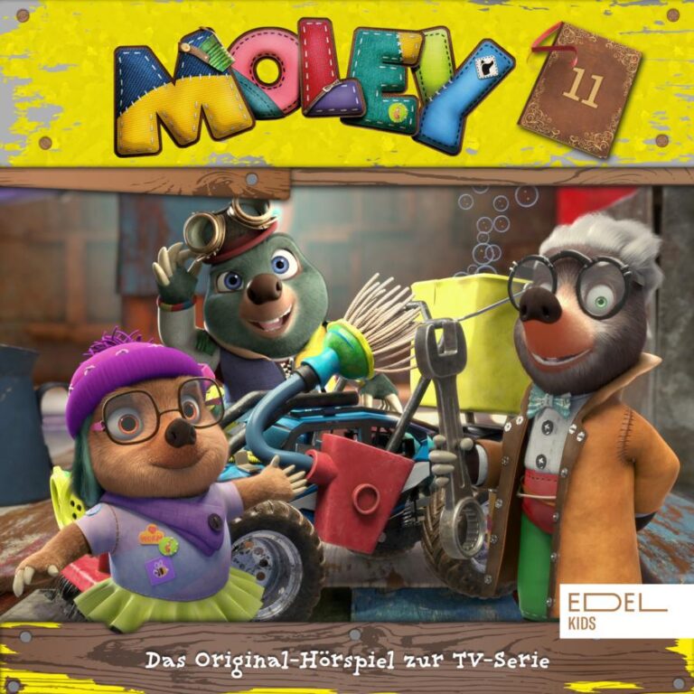 Cover des Hörspiels „Maulwurf Moley Folge 11“ mit der Hauptfigur Moley, seiner Freundin Dotty und einem älteren Maulwurf vor einem selbstgebauten Gefährt.