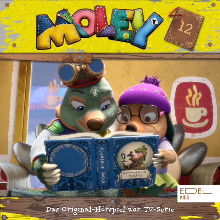 Cover des Hörspiels „Moley Folge 12’“ mit Moley und Dotty, die gemeinsam in einem Sessel sitzen und ein blaues Buch mit der Abbildung von Detektiv Sherlock Mauls lesen.