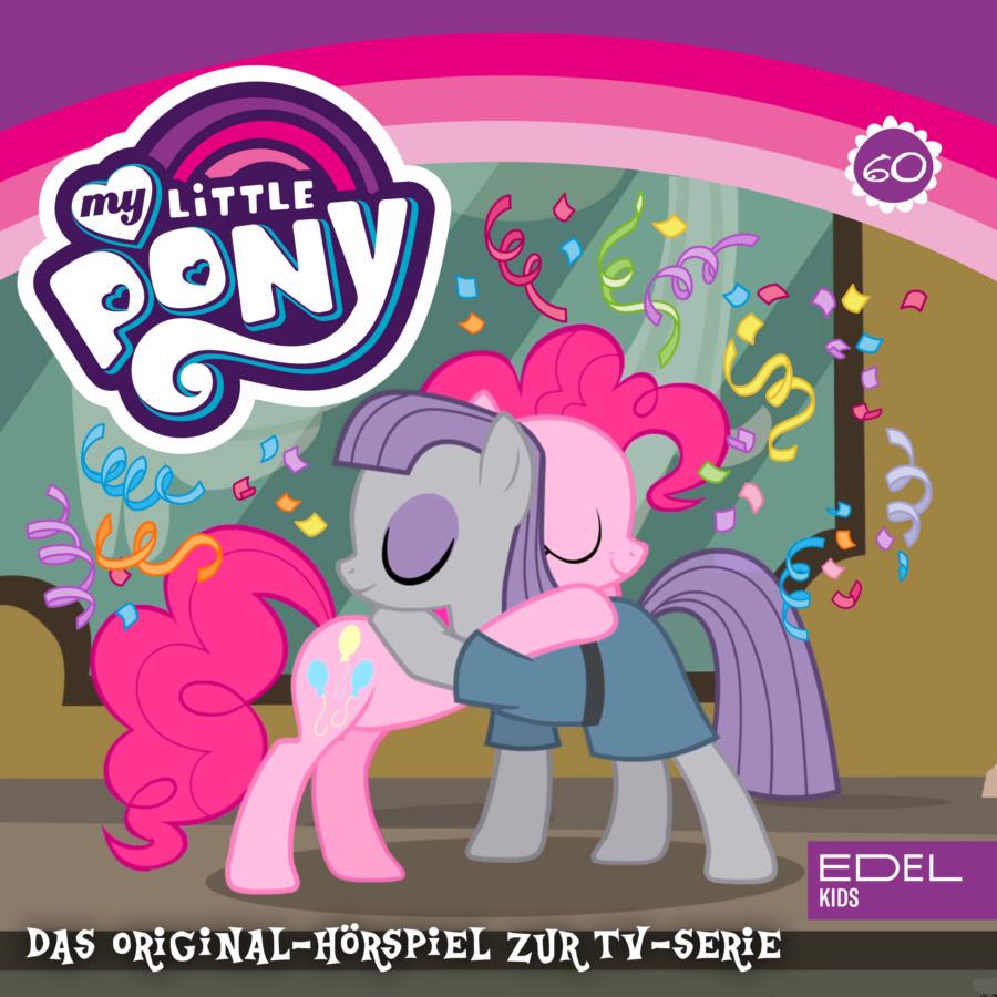 Cover des Hörspiels „My Little Pony Folge 60: Das Geschenk der Maud Pie / Auf die Plätze …“ mit Pinkie Pie und ihrer Schwester Maud Pie, die sich inmitten von fliegendem Konfetti und Luftschlangen innig umarmen.