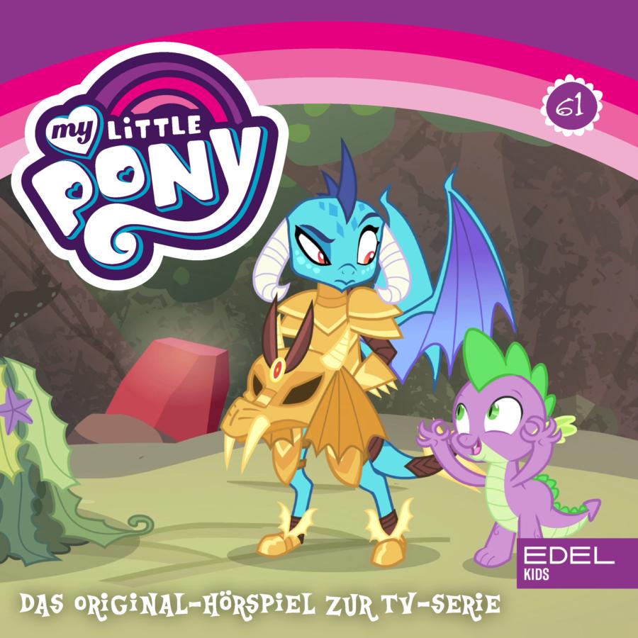 Cover des Hörspiels „My Little Pony Folge 61: Der neue Drachenlord / Keine zweite Chance“ mit Spike, der aufgeregt vor der blau schimmernden Drachendame Ember in goldener Rüstung steht und zu ihr aufblickt.