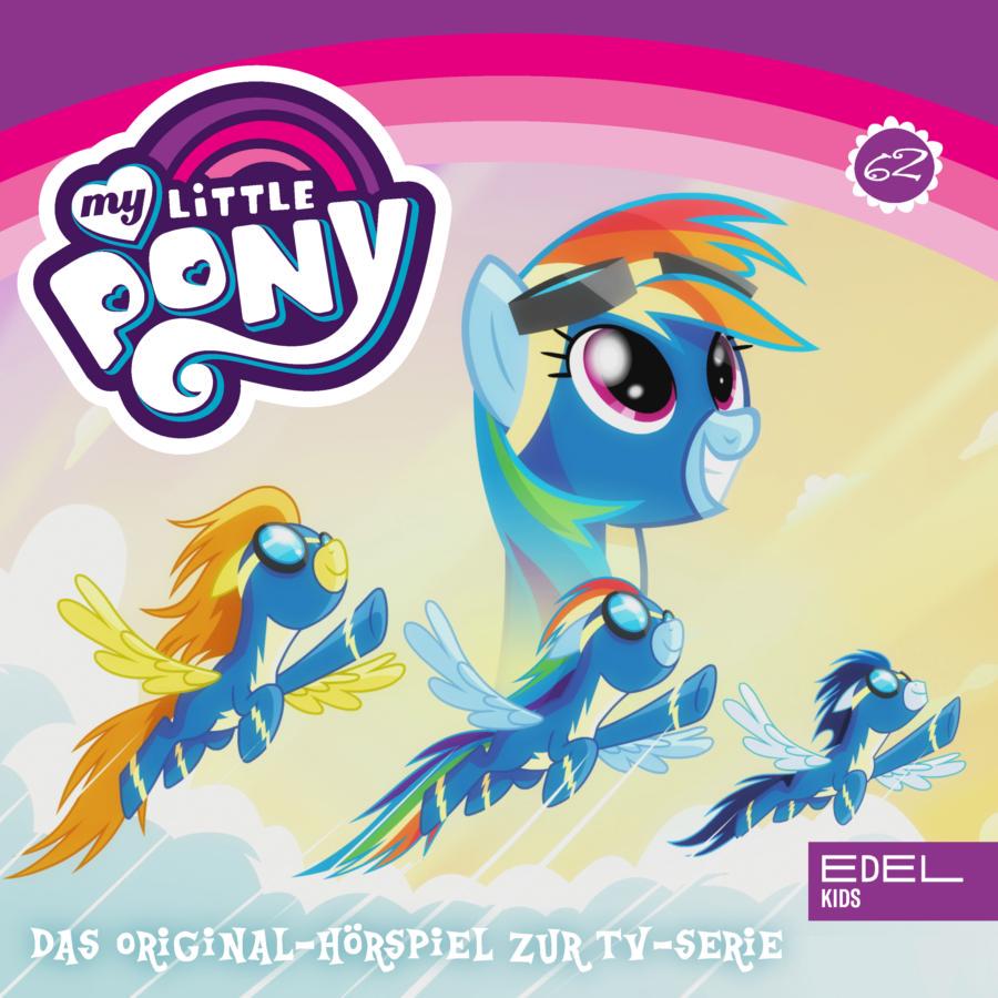 Cover des Hörspiels „My Little Pony Folge 62: Wonderbolt Rainbow Crash / Ein Freundschaftsfeuer-Fest für Starlight“ mit Rainbow Dash in Uniform im Vordergrund sowie weiteren Wonderbolts, die durch den Himmel fliegen.
