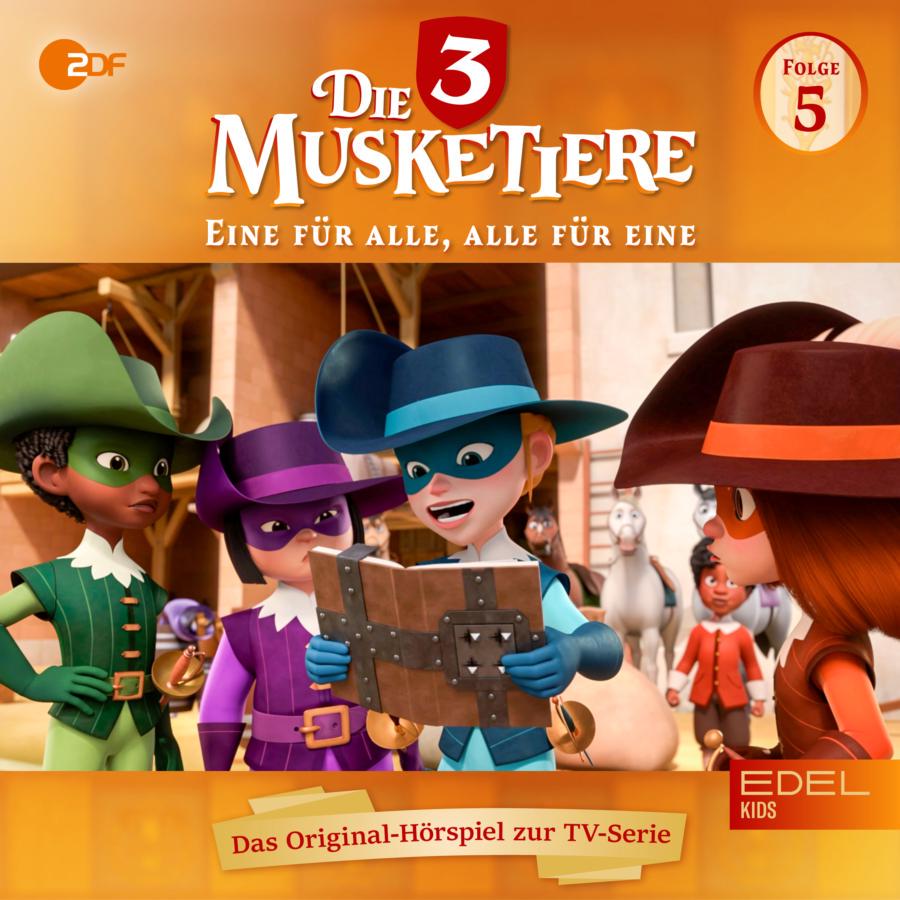 Cover des Hörspiels „Die 3 Musketiere – Eine für alle, alle für eine Folge 5“ mit der blau gekleideten Musketierin Inès im Zentrum, die aufgeregt ein aufgeschlagenes, altes Buch liest, während die anderen Musketiere aufmerksam und überrascht um sie herumstehen.
