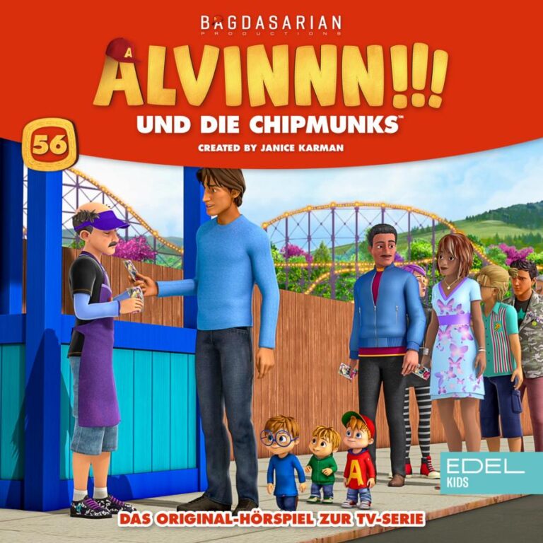Cover des Hörspiels „ALVINNN!!! und die Chipmunks Folge 56" mit Dave, Simon, Theodore und Alvin beim Ticketkauf vor einem Schalter in einem Freizeitpark.