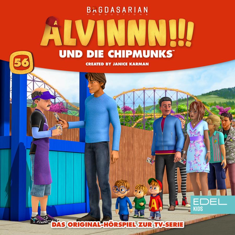 Cover des Hörspiels „ALVINNN!!! und die Chipmunks Folge 56" mit Dave, Simon, Theodore und Alvin beim Ticketkauf vor einem Schalter in einem Freizeitpark.
