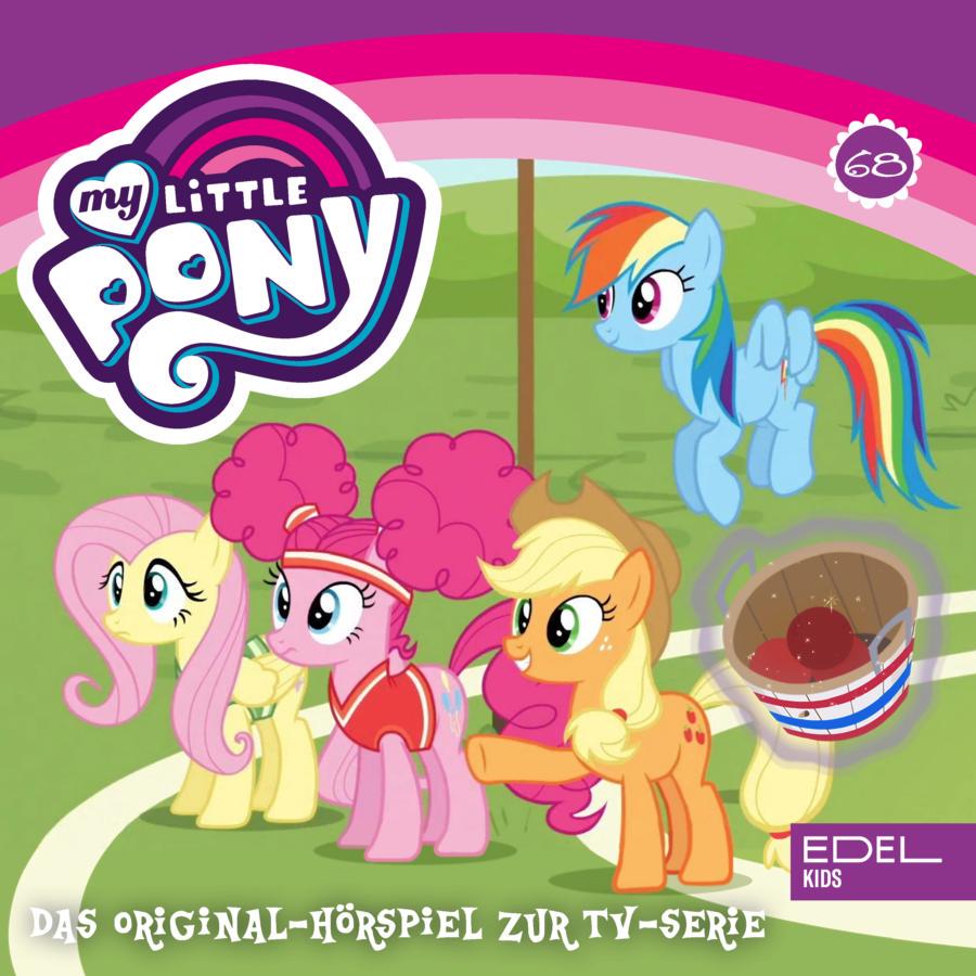 Cover des Hörspiels „My Little Pony Folge 68: Spiel, Spaß und Sieg / Viva Las Pegasus“ mit Fluttershy, Pinkie Pie im Sportoutfit und Applejack, die vor einem Eimer mit Ball stehen, während Rainbow Dash im Hintergrund fliegt.