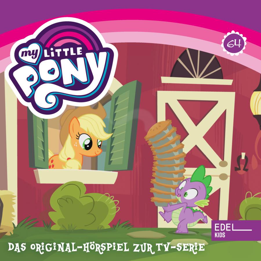 Cover des Hörspiels „My Little Pony Folge 64: Mehr Zeit zum Entspannen / Kleiner Bruder Zephyre“ mit Spike, der einen hohen Stapel Pfannkuchen vor einer Tür trägt, während Applejack aus einem Fenster auf ihn schaut.