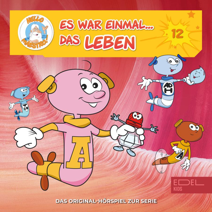 Cover des Hörspiels „Es war einmal... das Leben Folge 12“ mit einer rosa, lächelnden Hormonfigur mit gelbem „A“ auf der Brust im Vordergrund, umgeben von weiteren schwebenden Hormonwesen und einem Salzstreuer-Männchen.