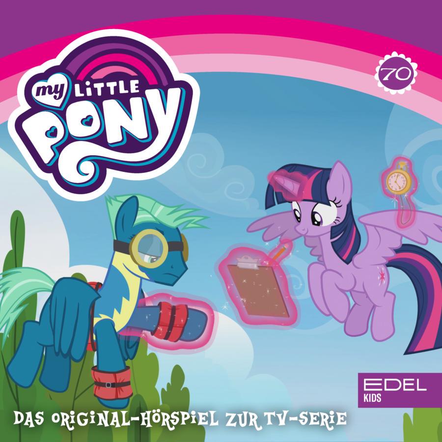 Cover des Hörspiels „My Little Pony Folge 70: Lügen haben faule Äpfel / Flügelmann-Bescheidenheit“ mit Sky Stinger in Flugausrüstung und Twilight Sparkle, die mit ihrer Magie ein Klemmbrett und eine Taschenuhr hält.
