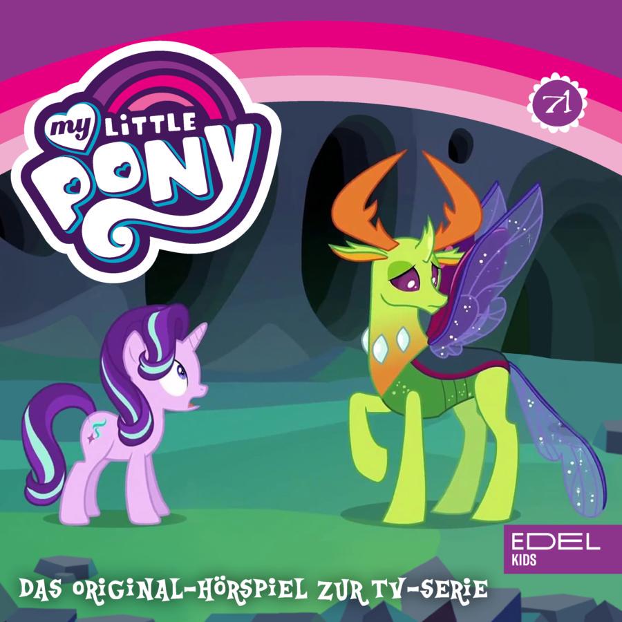 Cover des Hörspiels „My Little Pony Folge 71: Die Rückkehr der Wechselponys – Teil 1 + 2“ mit Starlight Glimmer, die besorgt zum neu verwandelten, schillernden Wechselponykönig Thorax aufsieht, welcher sie mit etwas unsicherem Blick ansieht.